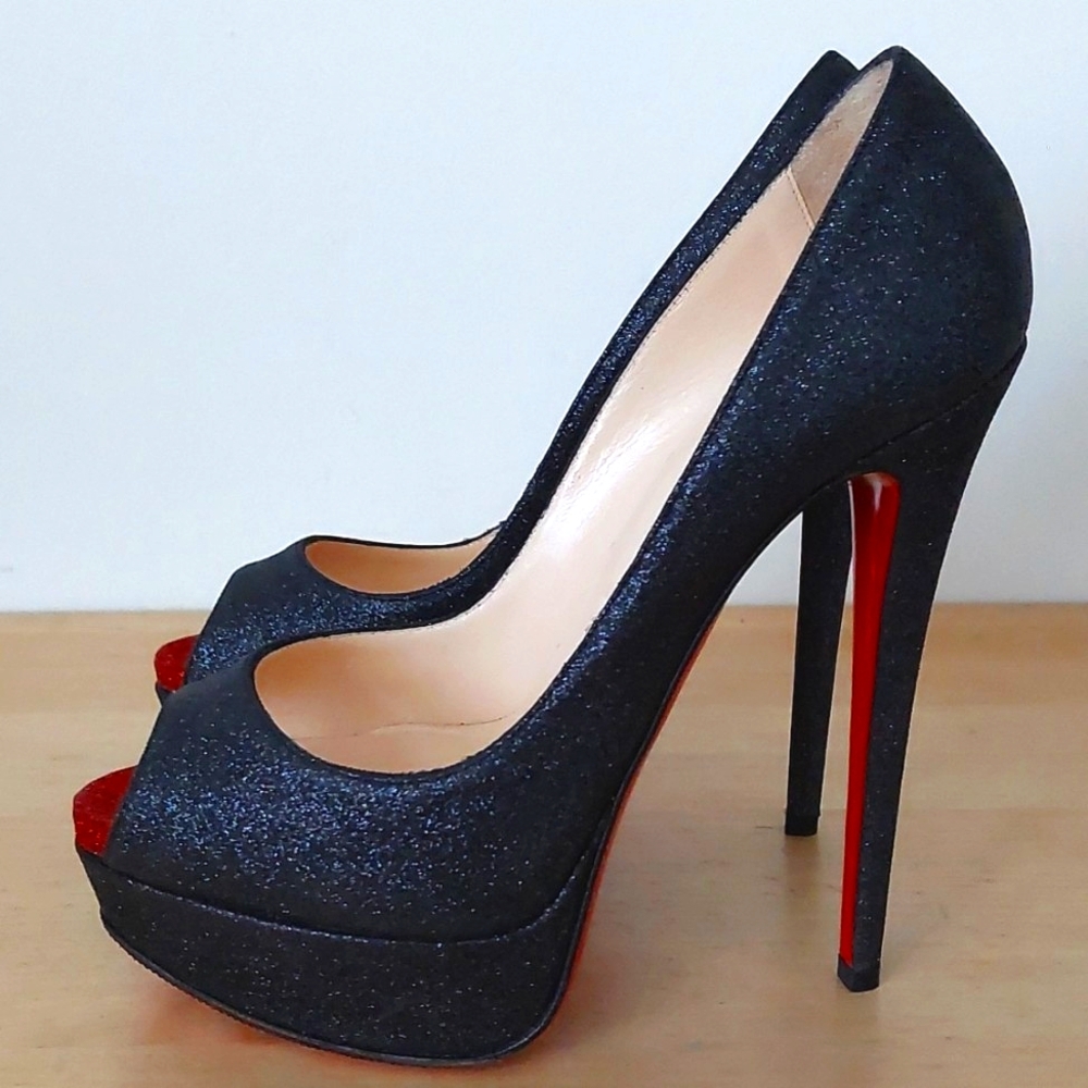 Christian Louboutin Elegant Black Glitter  and Red Peep-Toe Stilettos